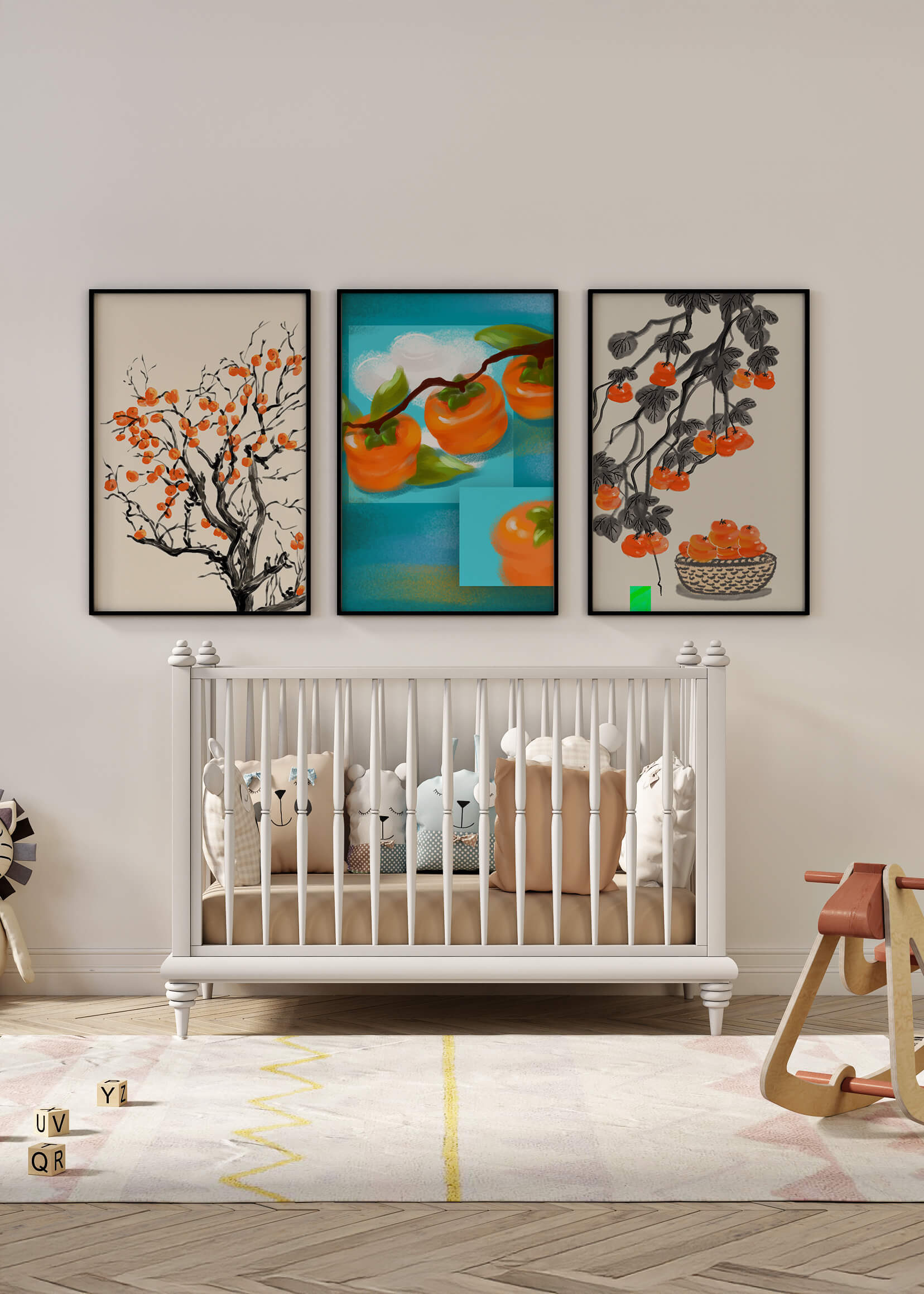 Cuadros Con Motivos De Caquis En Tonos Naranjas Y Azules