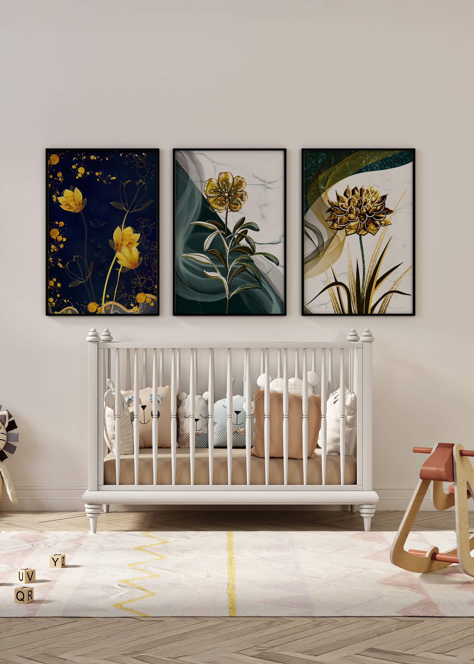 Conjunto de Impresiones de Flores Doradas y Verde Oscuro en Pared de Madera