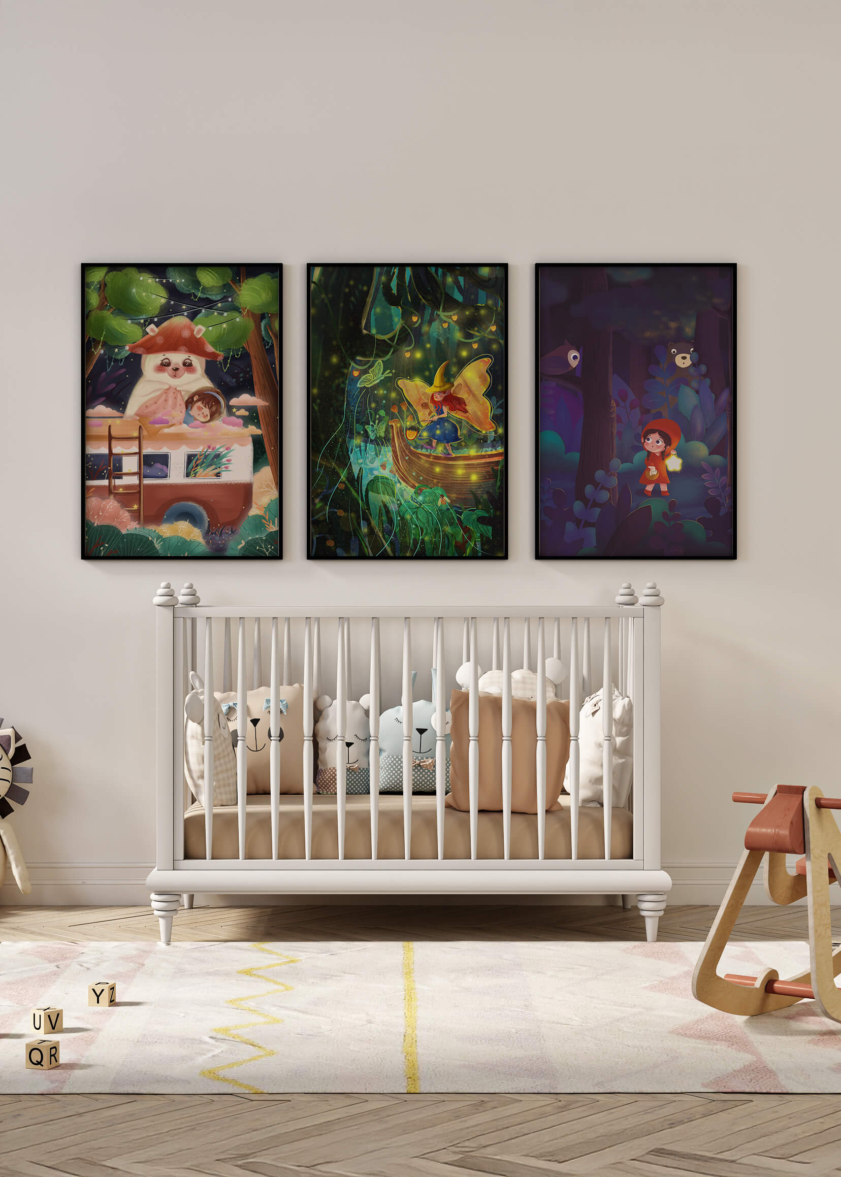 Triptyque d’illustrations fantastiques pour décoration enfantine