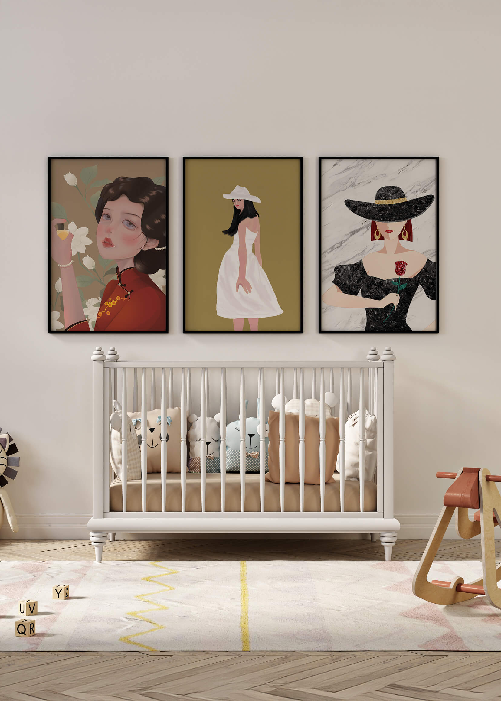 Pared Con Tres Lienzos de Mujeres en Sombreros Sin Marco