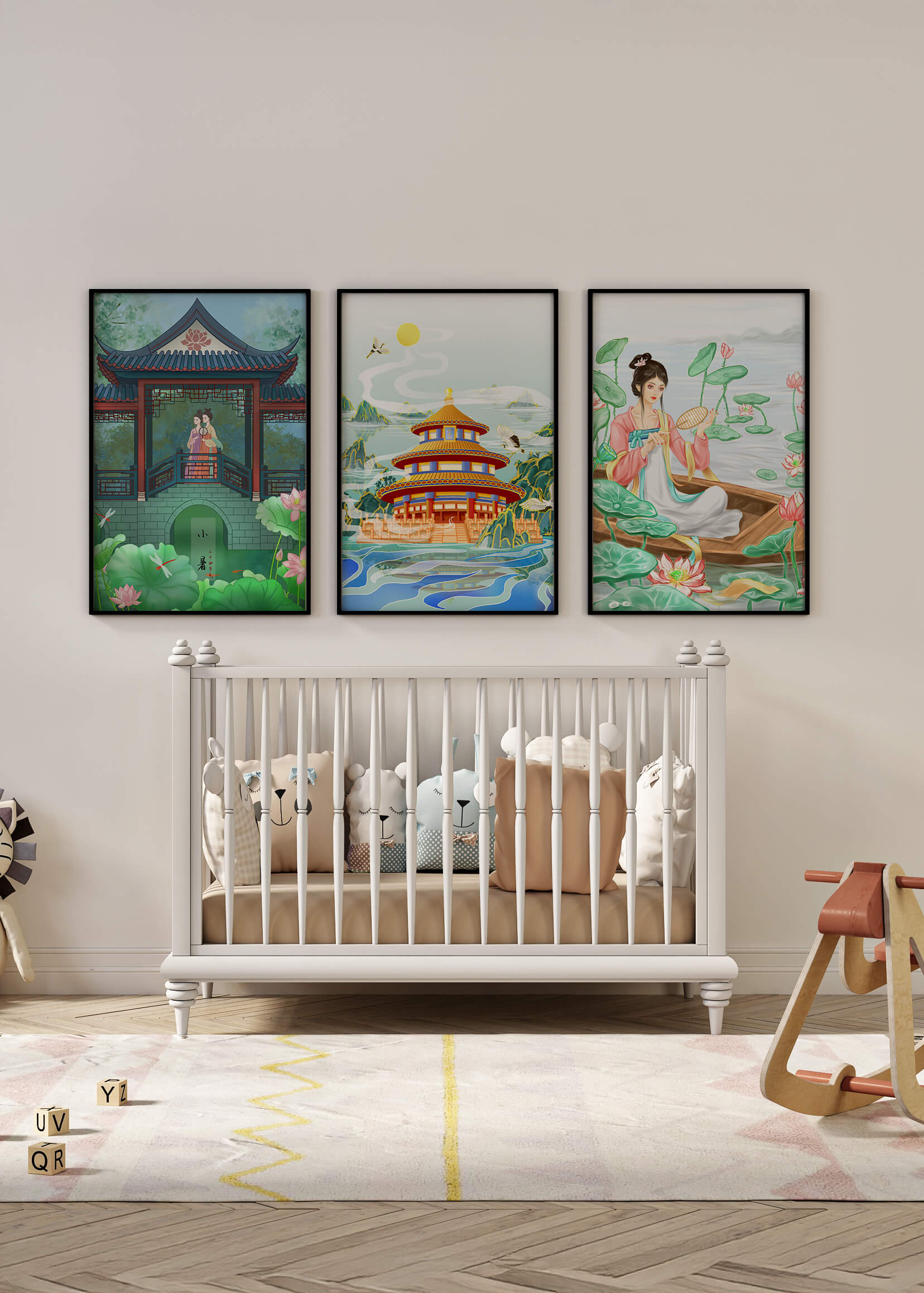 Triptyque d'illustrations orientales dans des intérieurs modernes