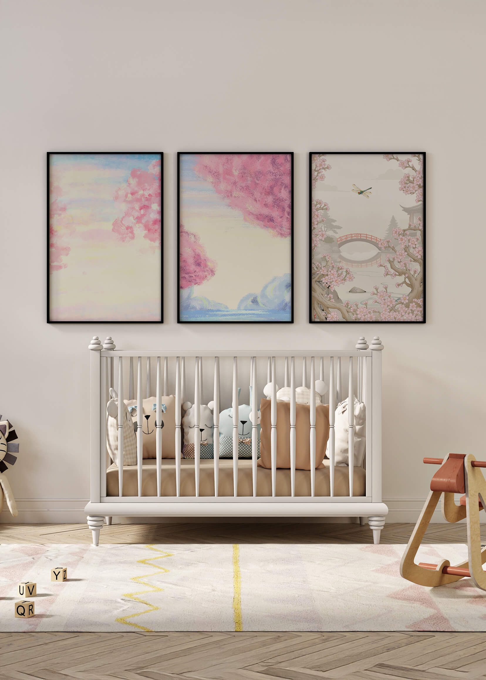 Imágenes Decorativas de Paisajes Florales y Puente de Madera en Primavera