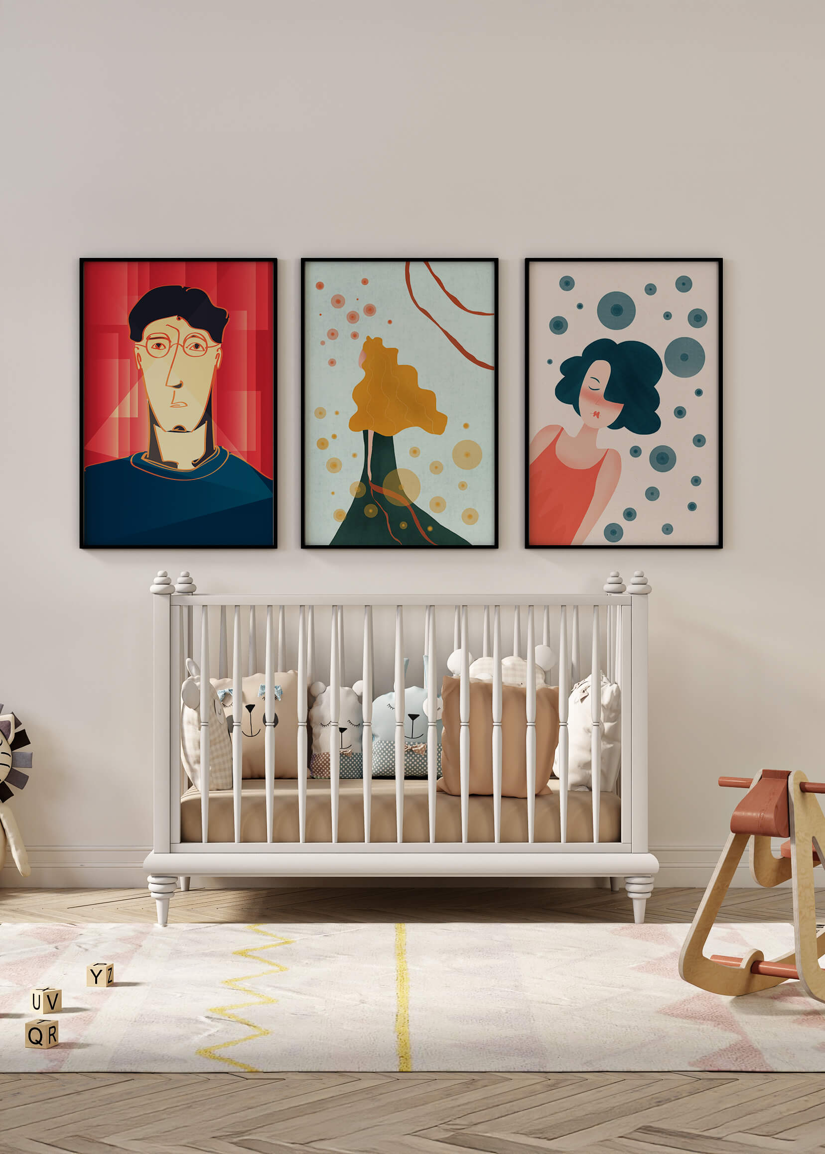 Triptyque d'art moderne avec impressions originales colorées