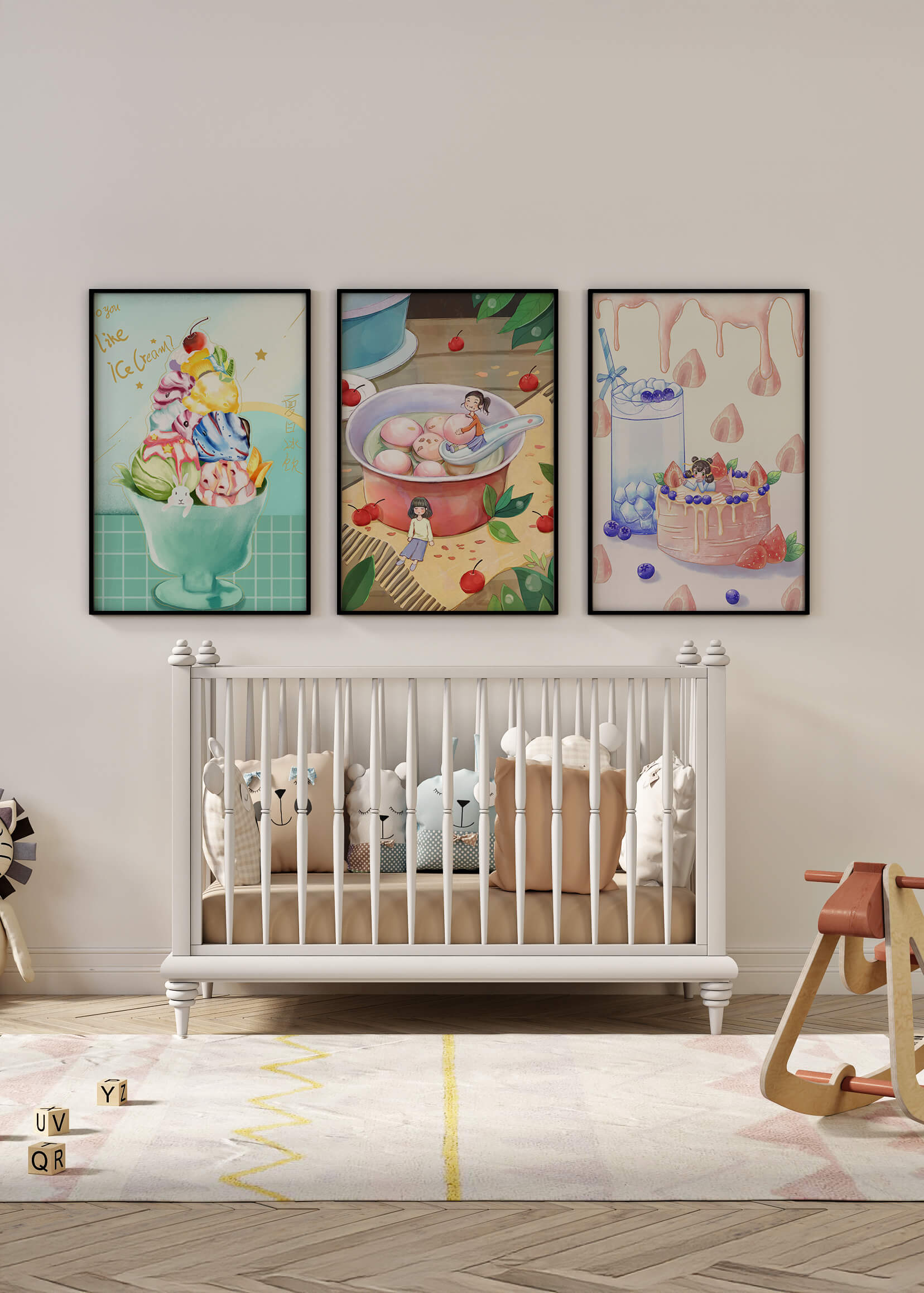 Tríptico Colorido de Arte Culinario Infantil en Pared