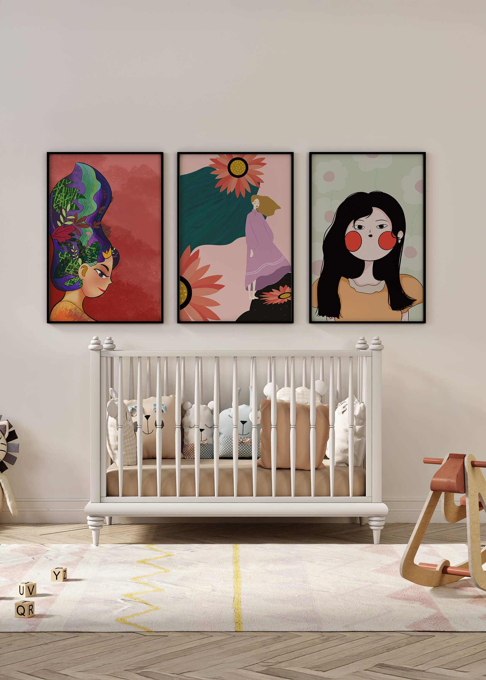 Ensemble de trois œuvres d’art modernes au style coloré