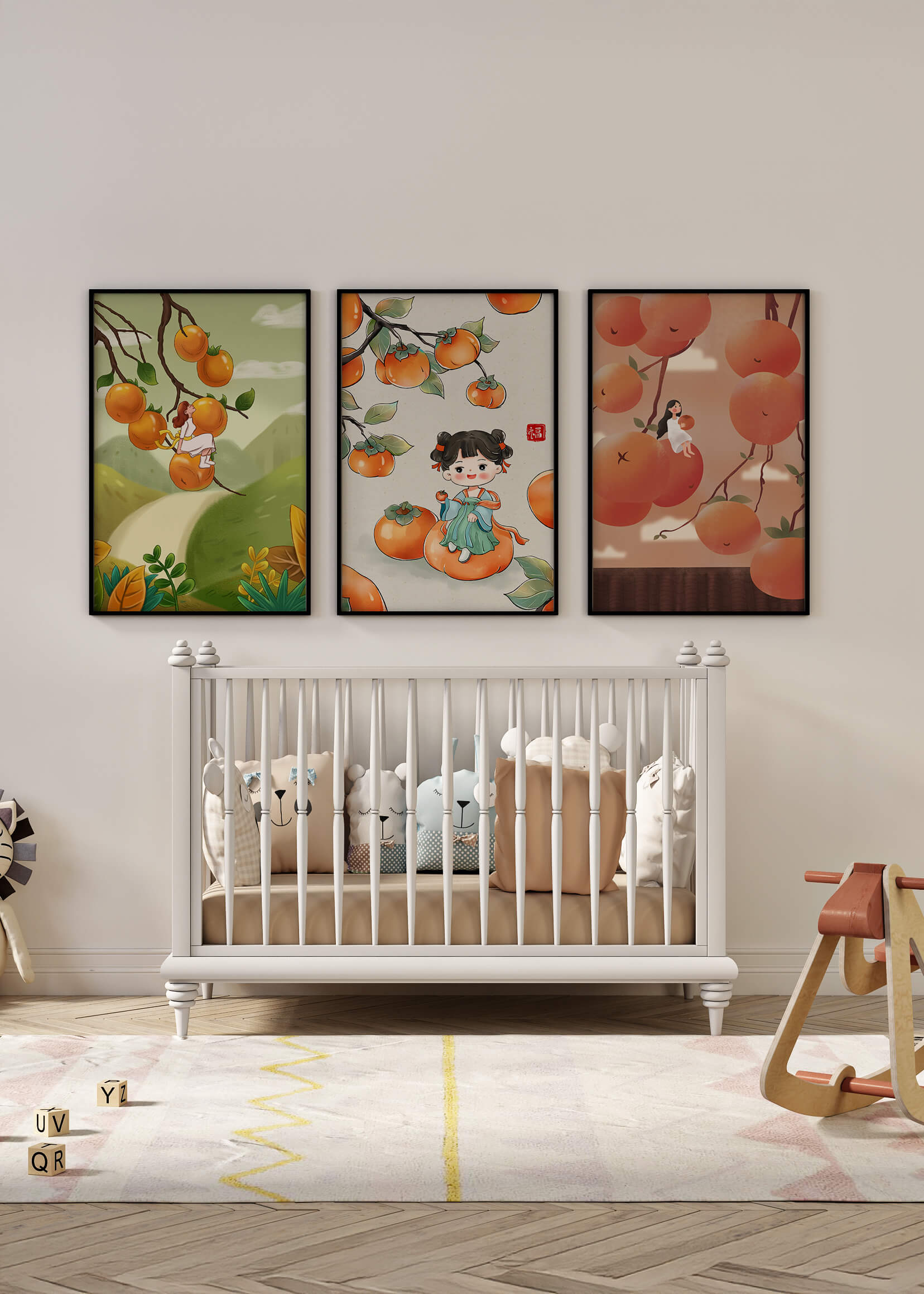 Illustrations de fruits avec des filles sur un fond en bois