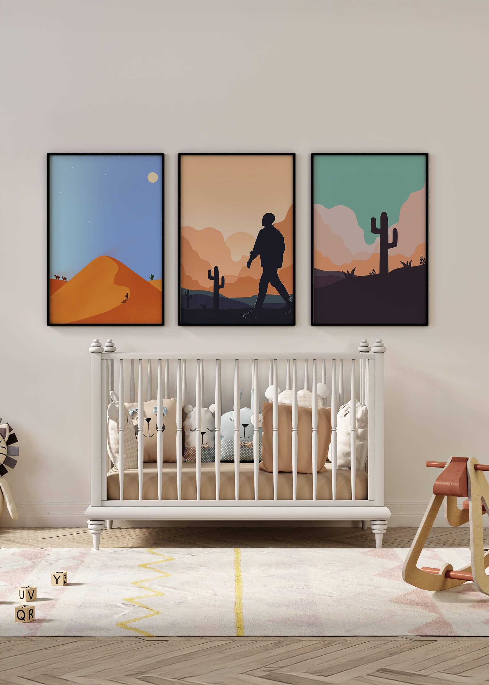 Ensemble d'impressions artistiques de paysages désertiques avec des silhouettes et des cactus