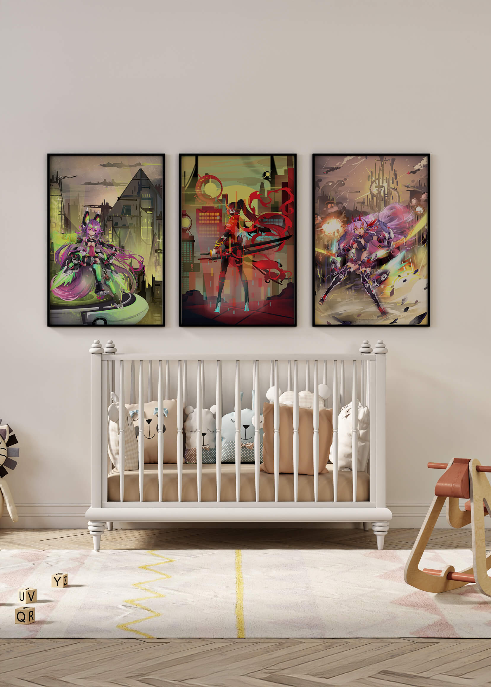 Conjunto De Tres Imágenes Futuristas De Personajes Anime En Una Habitación Moderna