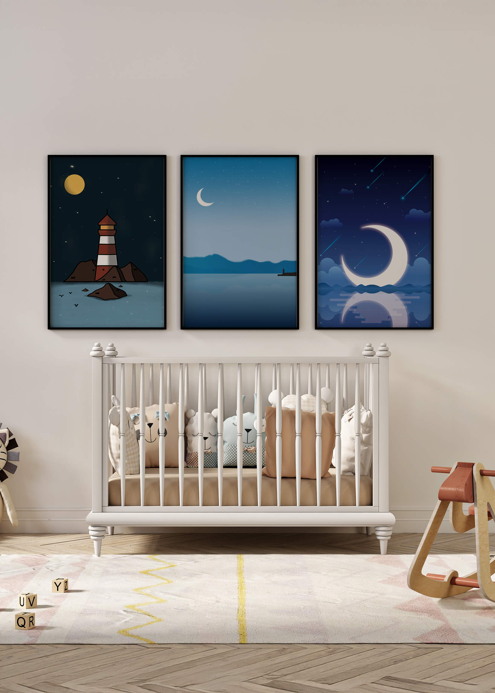 Conjunto De Lienzos De Noche Estrellada Y Faro