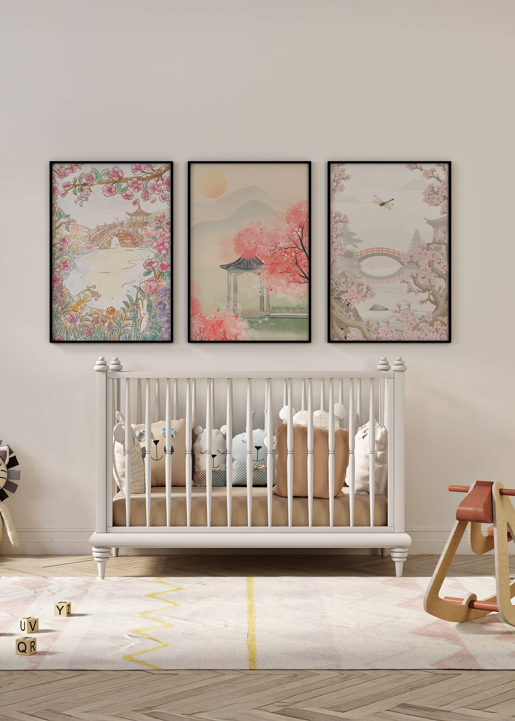 Tríptico Oriental de Paisajes en Tono Pastel