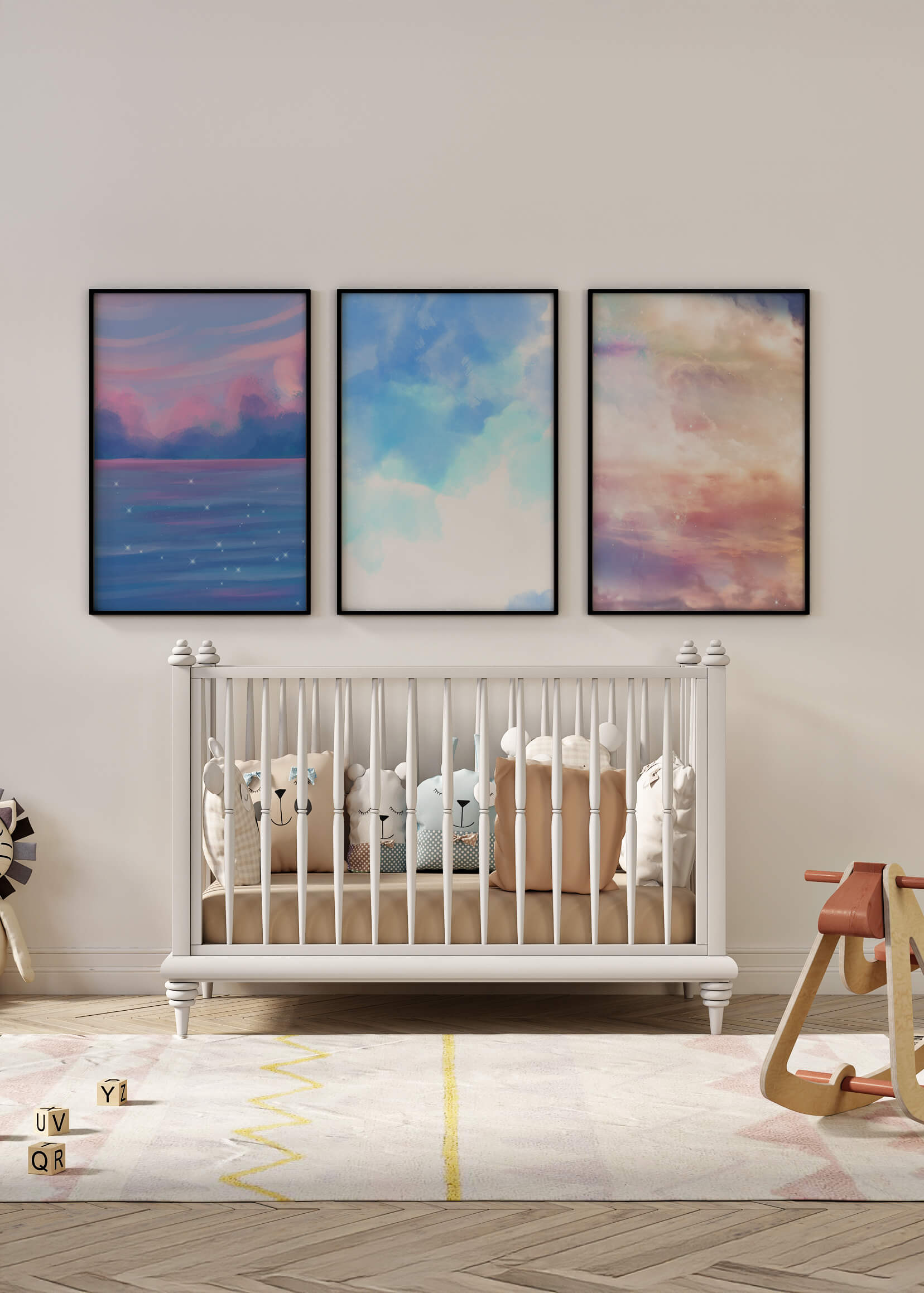 Tríptico de Paisajes Abstractos con Marcos Dorados