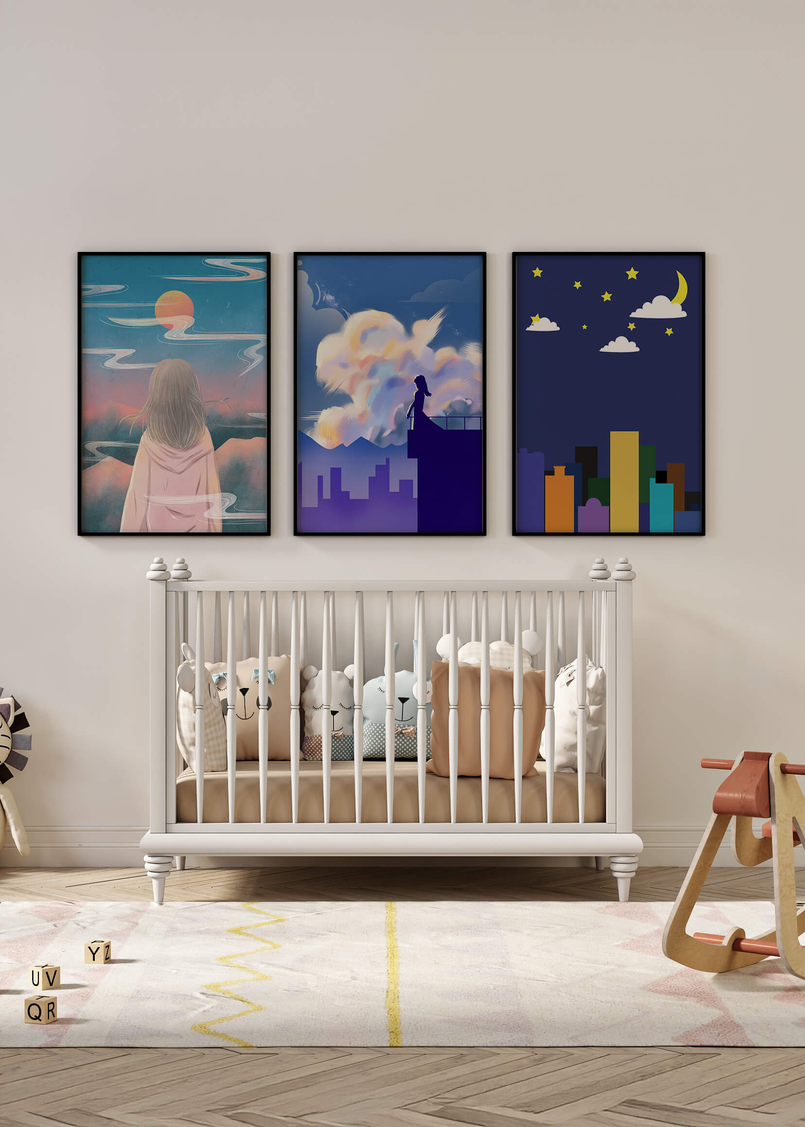 Ensemble de trois tableaux modernes avec des paysages imaginaires