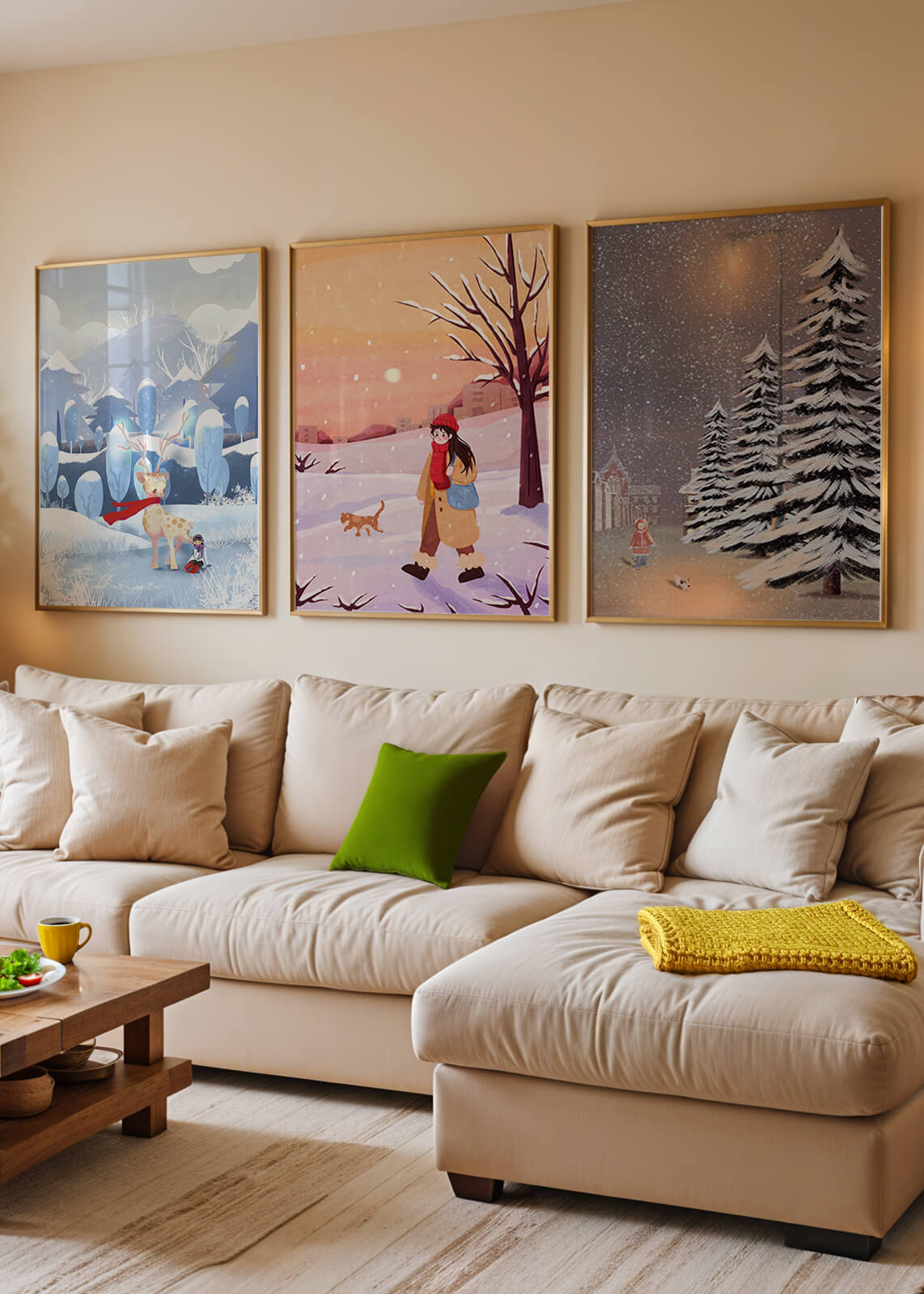 Conjunto de Tres Ilustraciones de Invierno en Tonos Cálidos y Fríos