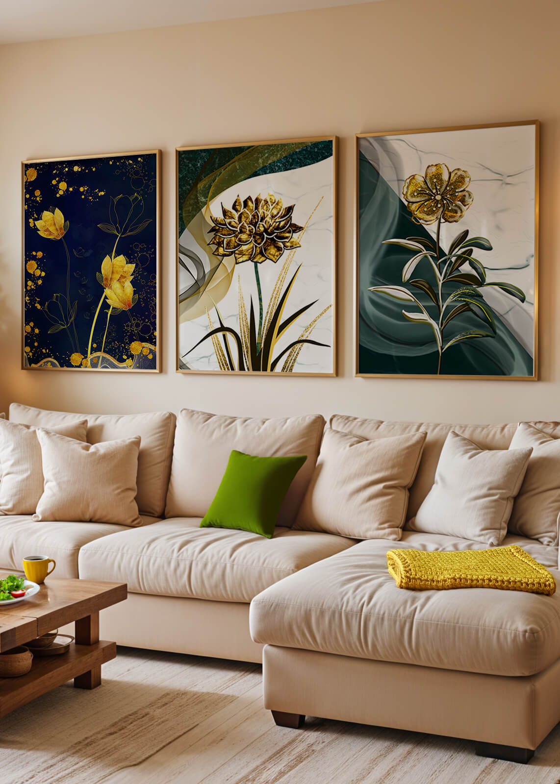 Decoración de Pared con Flores Doradas sobre Fondos Artísticos