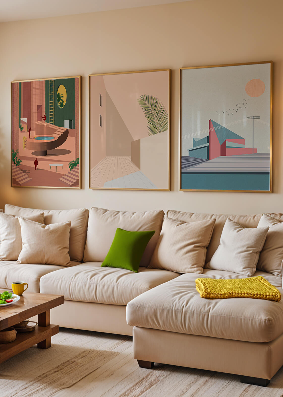 Composición Moderna de Decoración Interior con Cuadros Coloridos