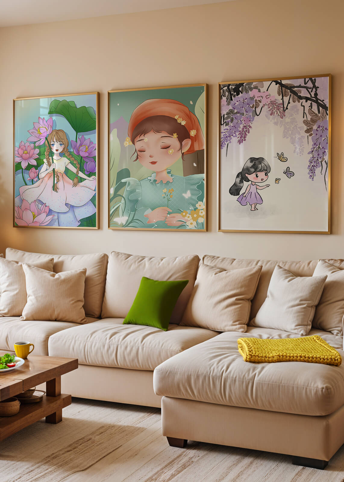 Conjunto de ilustraciones artísticas con figuras femeninas sobre suelo de madera