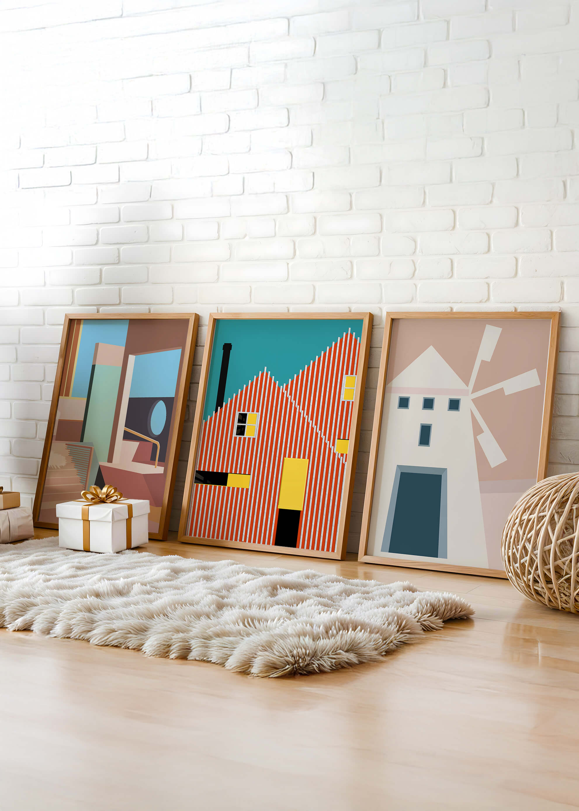 Œuvres d'art moderne avec design architectural dans un environnement minimaliste