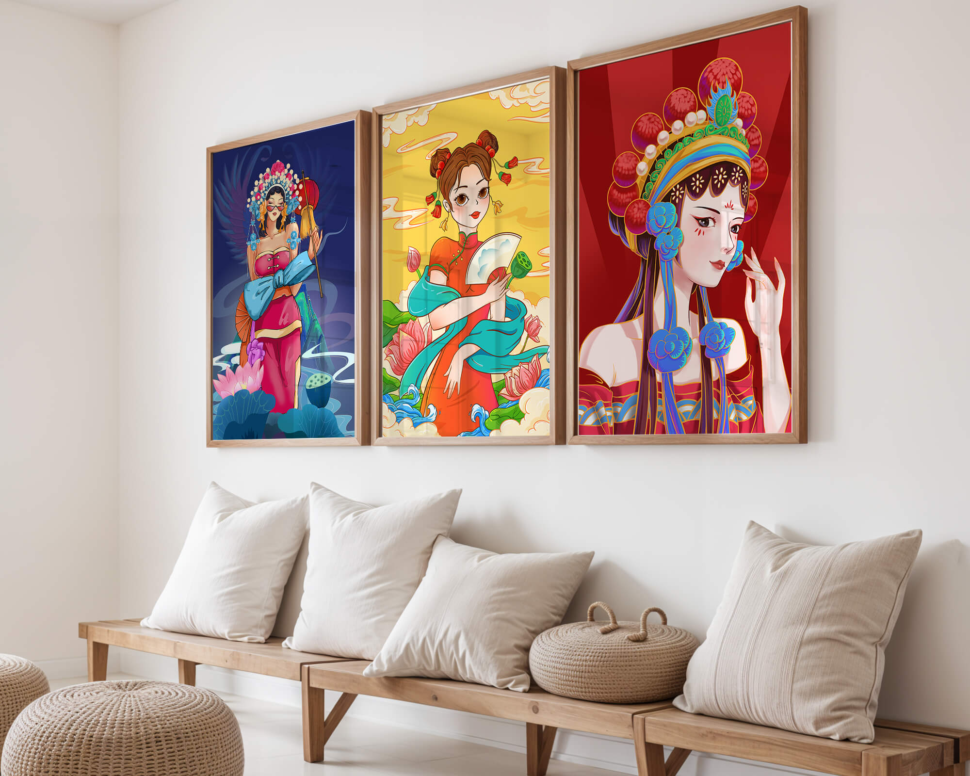 Illustrations de style asiatique avec des femmes en robes traditionnelles