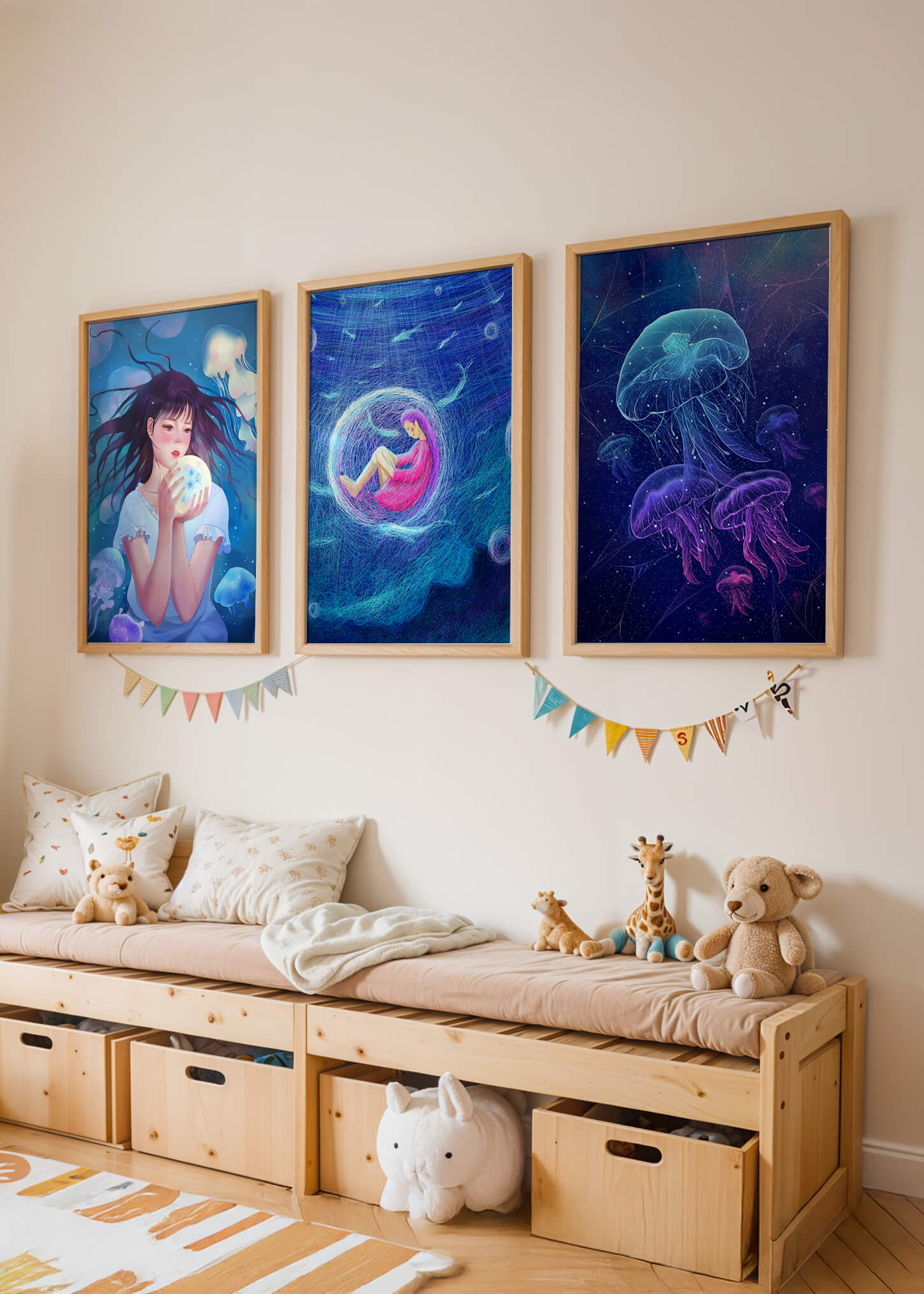 Conjunto de Lienzos con Ilustraciones de Medusas y Personajes