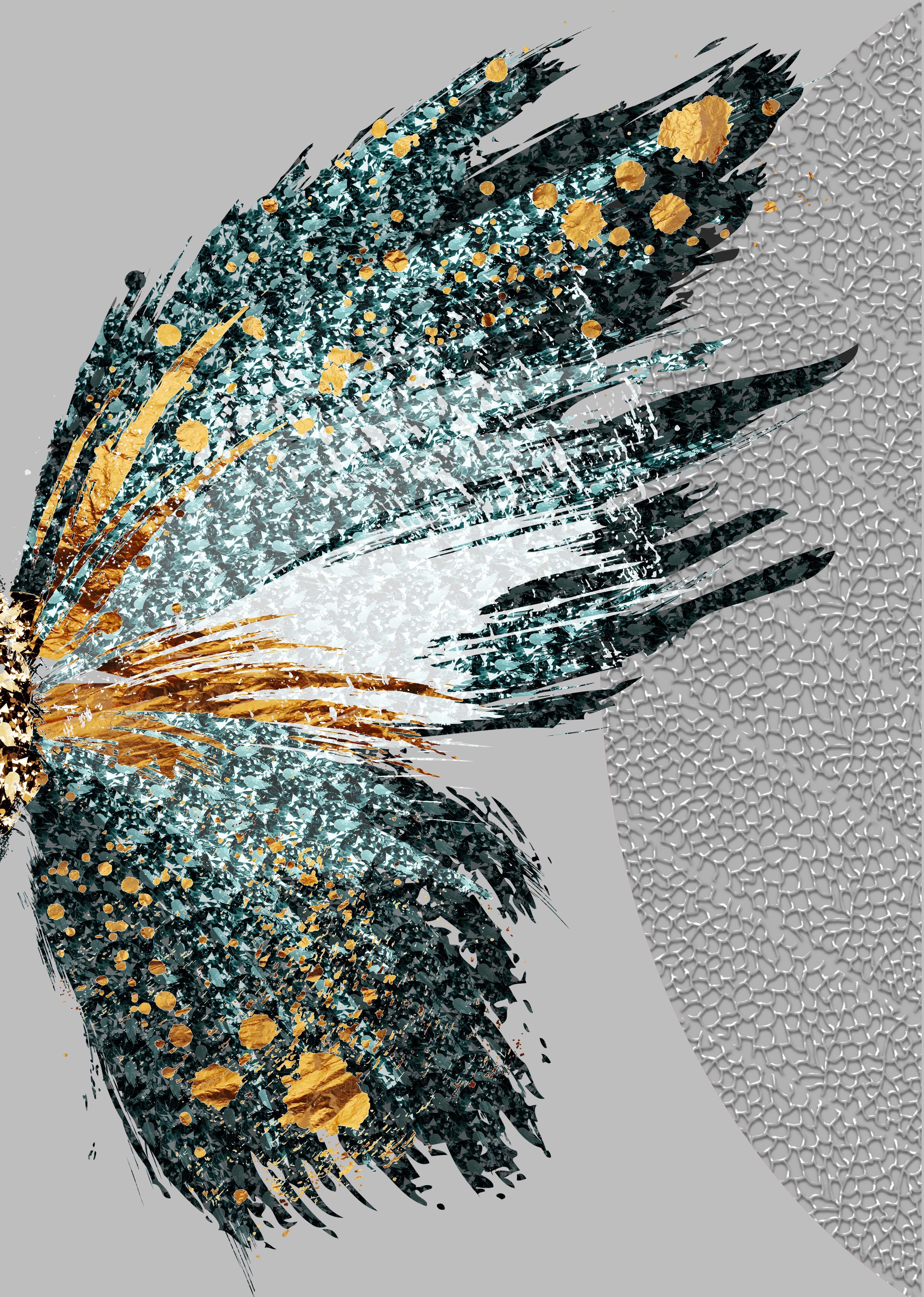 Ala de mariposa artística abstracta con acentos turquesa y dorados