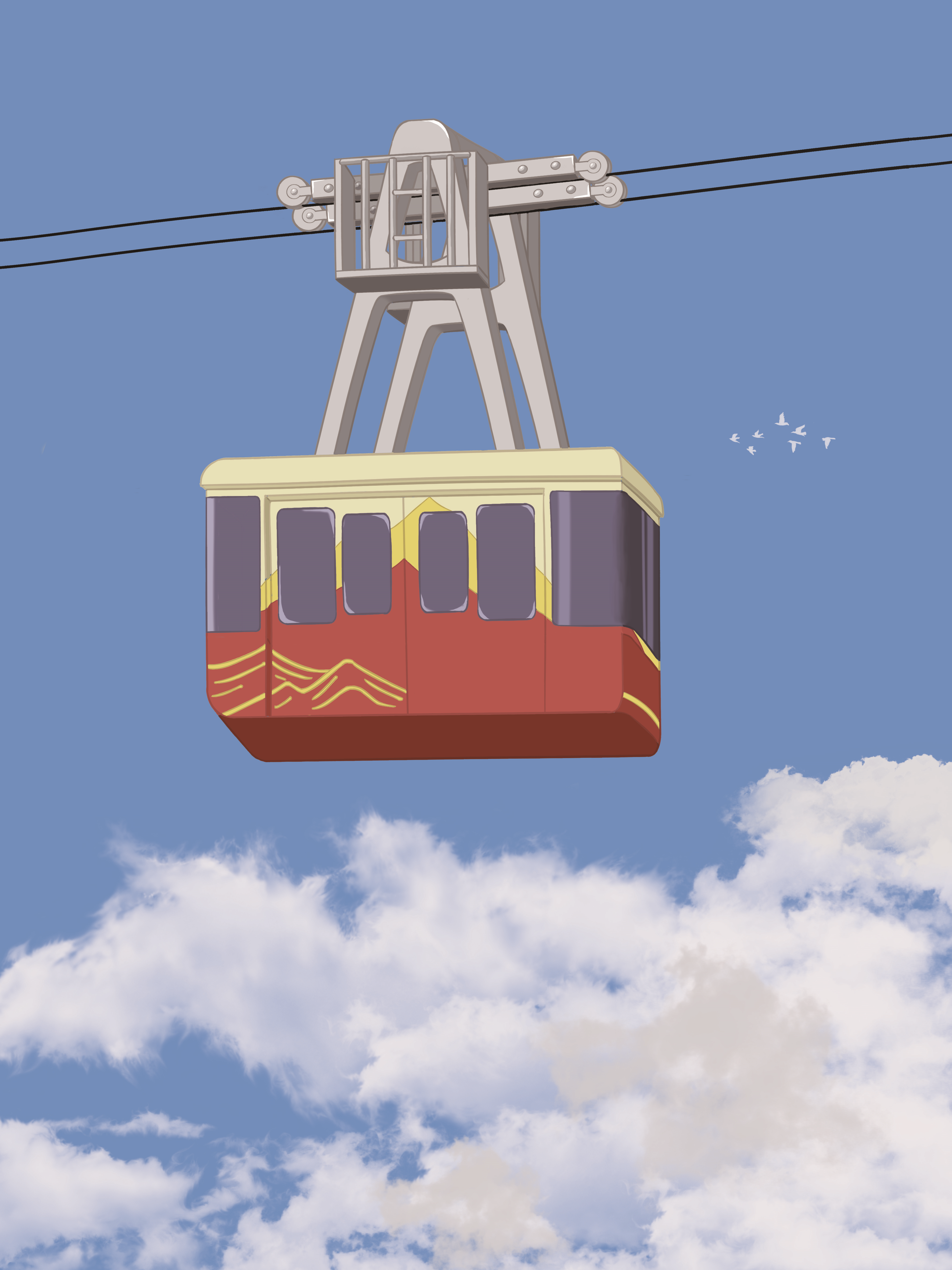 Colorful cable car against a clear blue sky