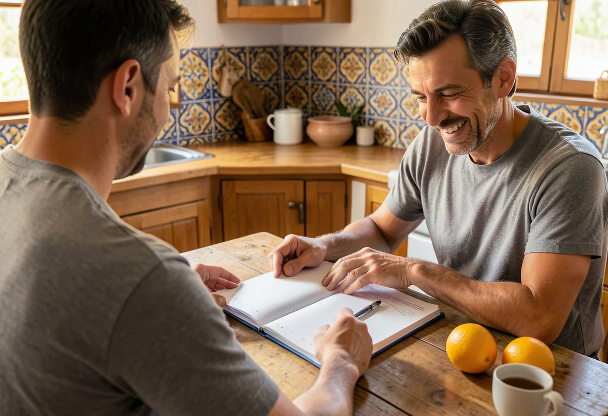 Hombre retoma su agenda en una cocina española luminosa