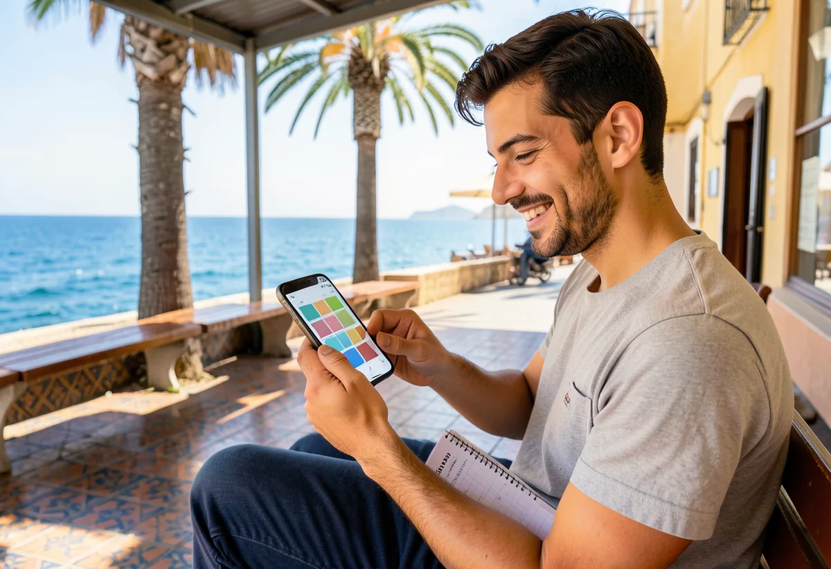 Joven combina móvil y agenda junto al mar mediterráneo