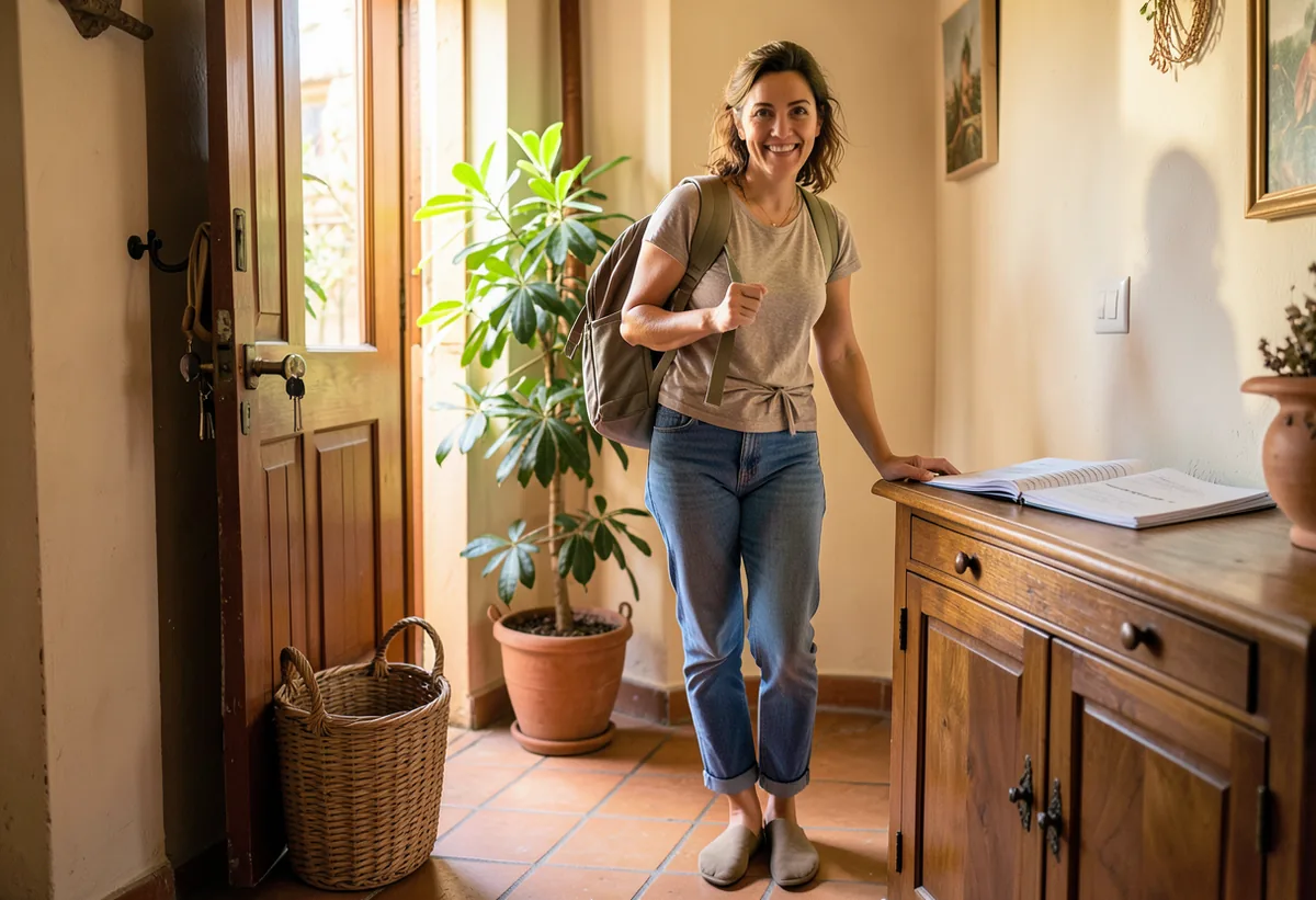 Mujer revisa su agenda antes de salir de casa