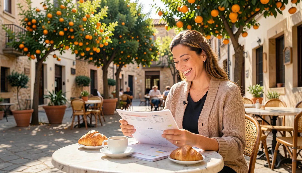 Mujer revisa su semana en una terraza un domingo por la mañana