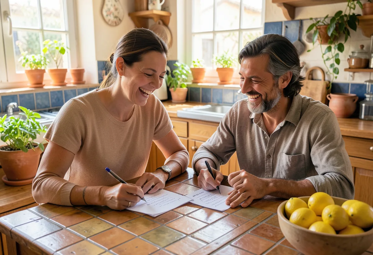 Pareja escribe tres listas cortas en la cocina