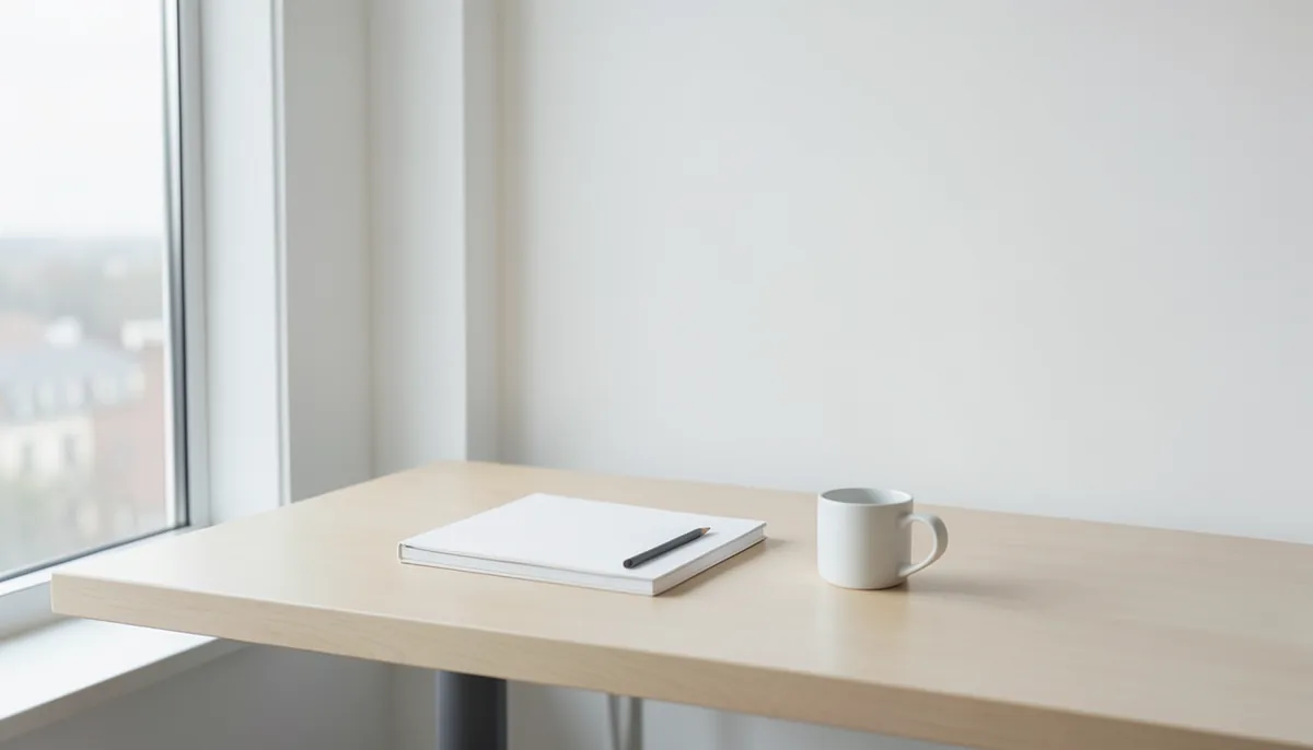 Mesa de estudio sencilla junto a una ventana con cuaderno y lápiz