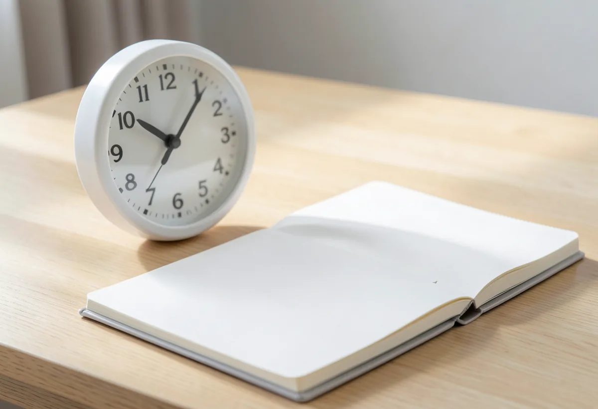 Reloj de mesa blanco junto a un cuaderno abierto por la mañana