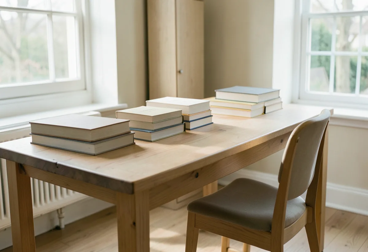 Mesa de biblioteca con libros apilados y una silla vacía