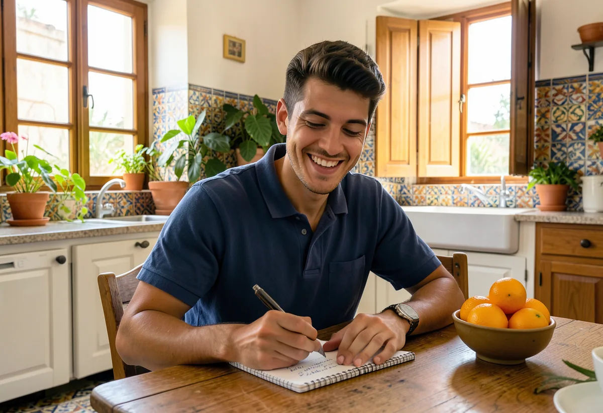 Chico alegre escribe una lista corta en una cocina española luminosa