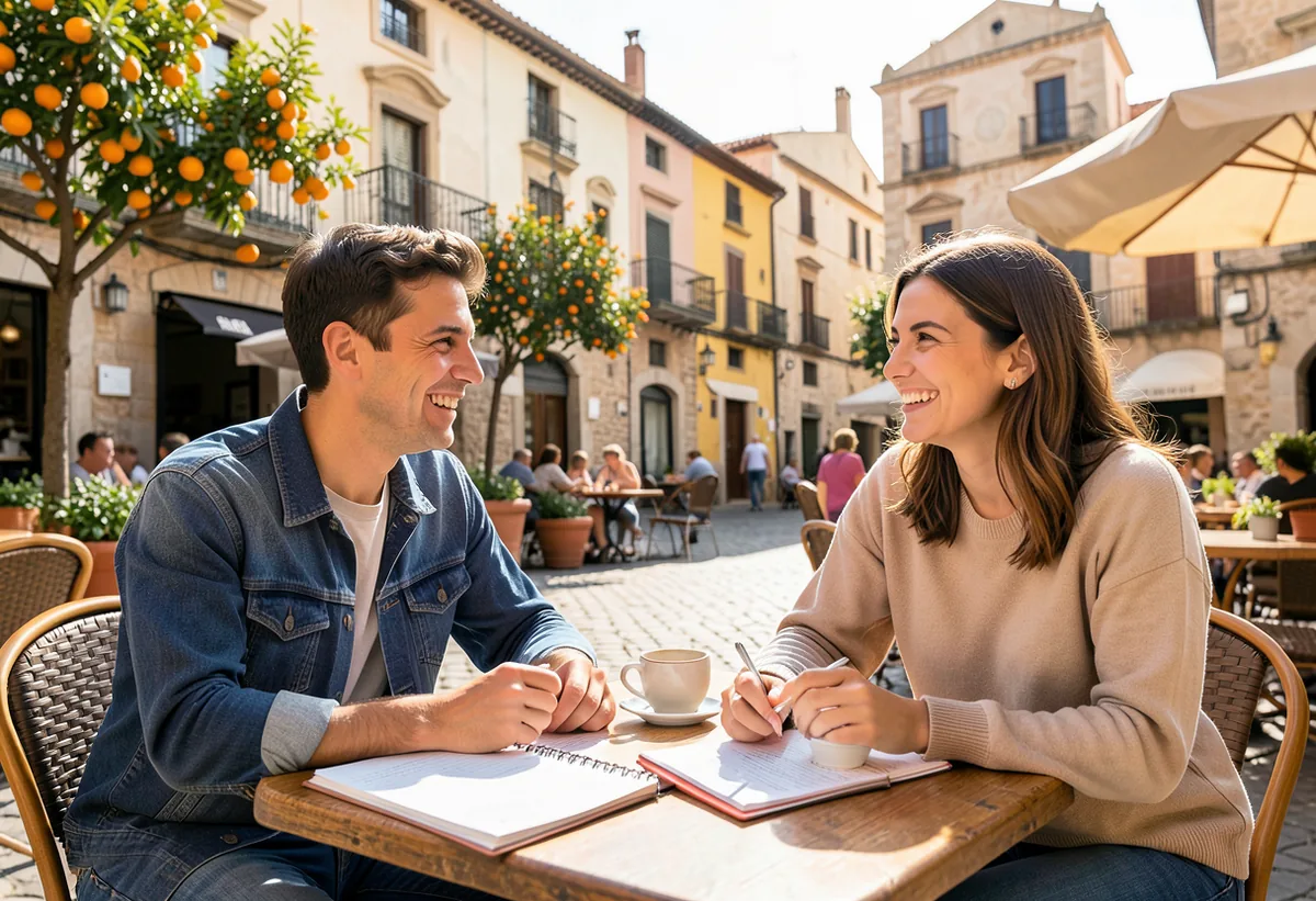 Dos estudiantes repasan juntos en una terraza al sol de una plaza española