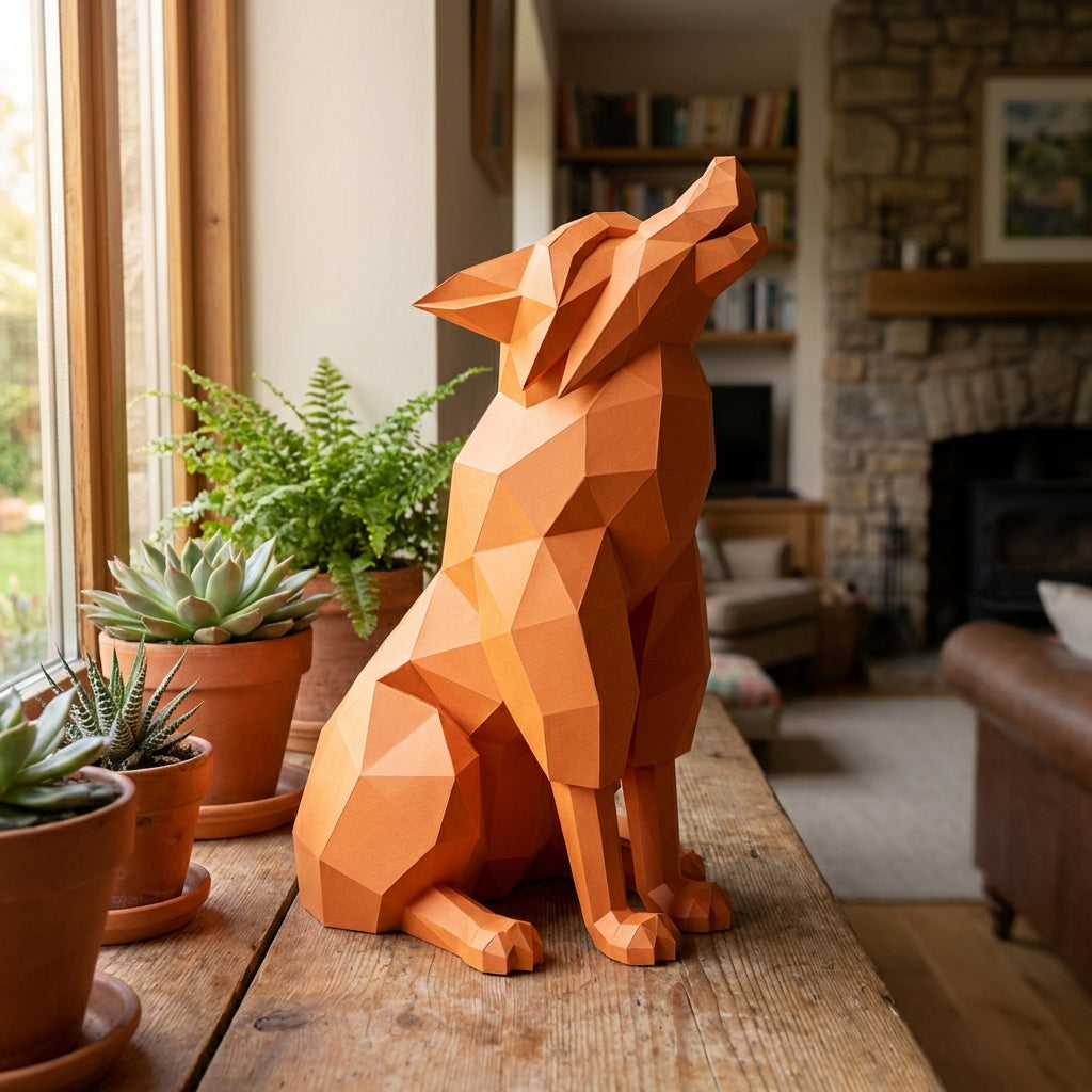 Wolf Sculpture 3D Papercraft Howling - Large Geometric Gray & Orange Wolf DIY Kit - 40cm Tall Low Poly Animal Wall/Table Decor - Mi tienda