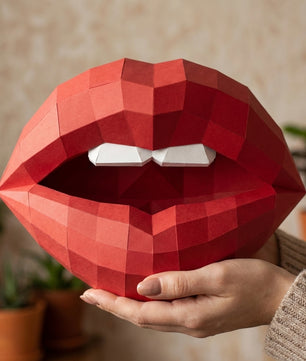 3D lips with teeth papercraft, polygonal paper figure for assembly, 35x26x20 cm, 49 parts – DIY geometric sculpture, unique wall art for creative workspace