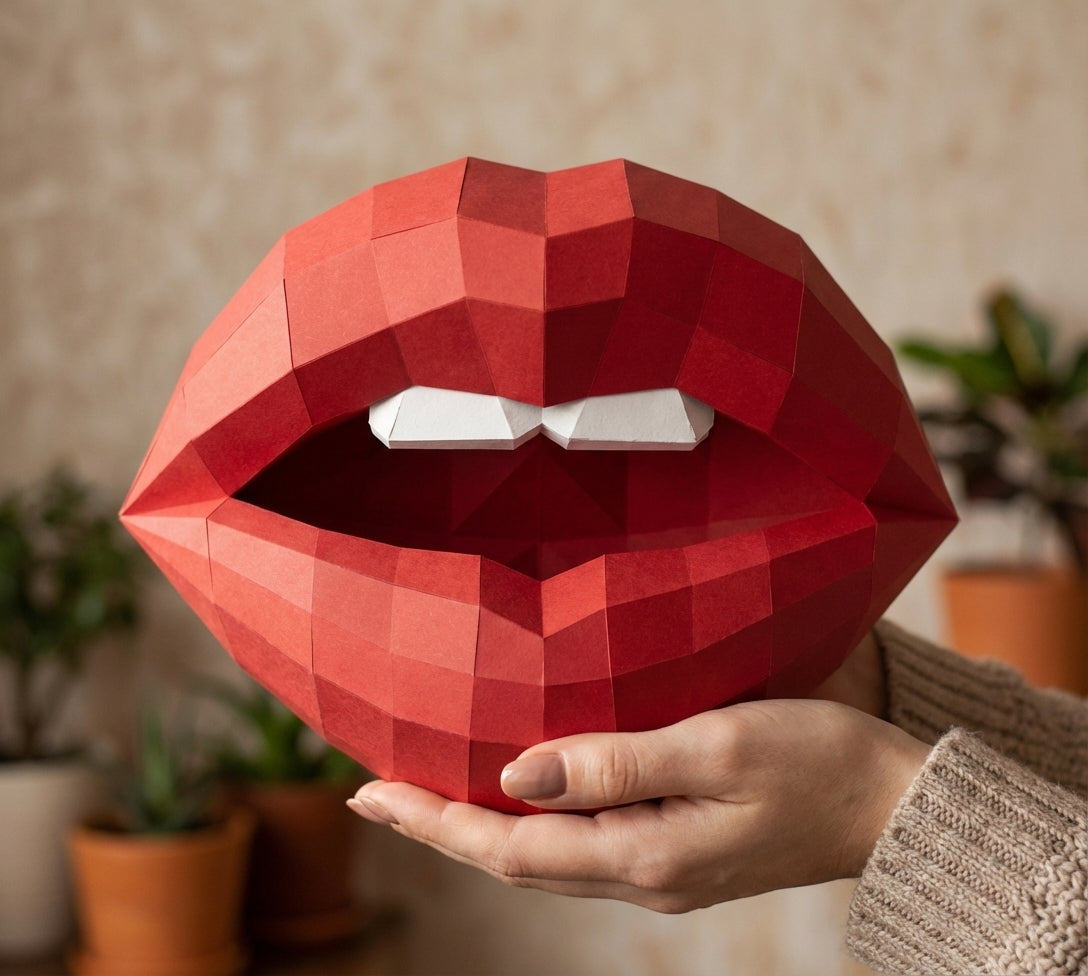 3D lips with teeth papercraft, polygonal paper figure for assembly, 35x26x20 cm, 49 parts – DIY geometric sculpture, unique wall art for creative workspace