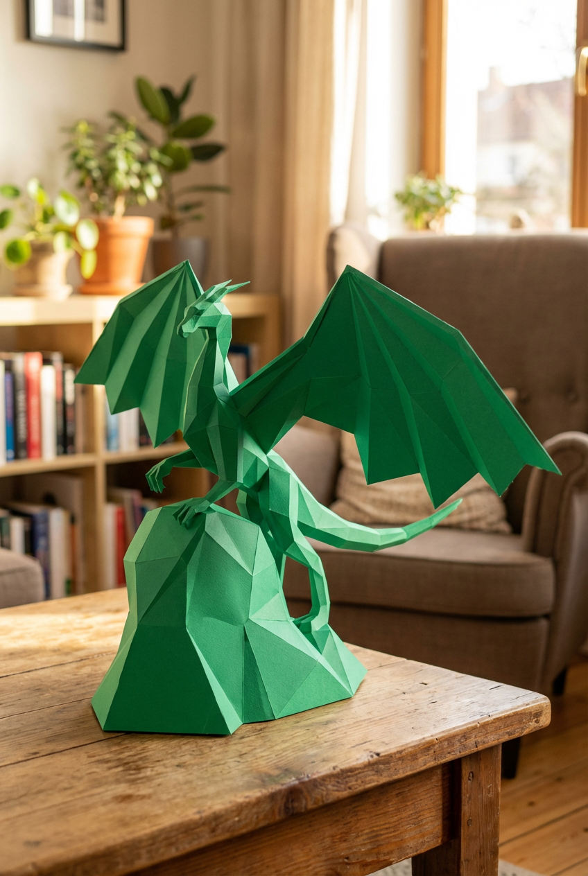 3D polygonal paper dragon figure to assemble on a rock 43x60x36 – DIY papercraft decorative kit, modern geometric sculpture for table or shelf - Mi tienda