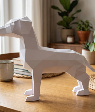 Cute ginger dog 3D papercraft polygonal paper figure for assembly, 50x37x18 cm, 65 parts – DIY craft, sculptural cardboard dog, geometric decor for entryway