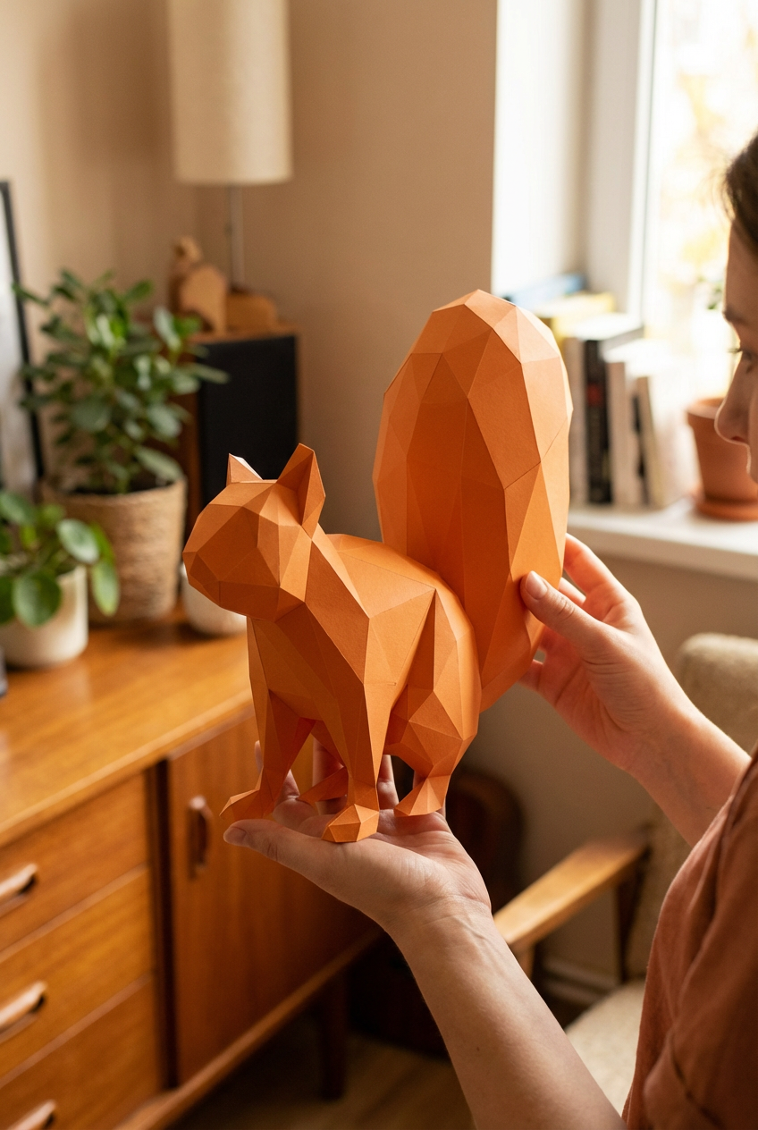 Ardilla Poligonal 3D de Papel para Montar 27x32x10– Kit Decorativo PaperCraft DIY, Escultura Moderna de Cartón, Decoración Geométrica para el Hogar