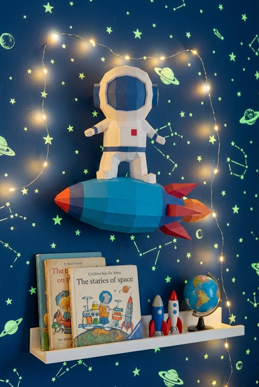 3D small astronaut on rocket papercraft polygonal paper figure 42x32x11 – DIY craft, modern geometric sculpture for wall décor