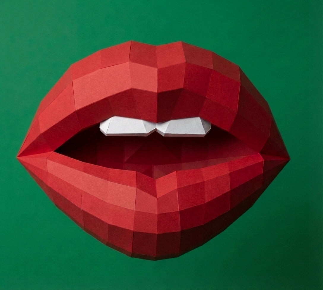3D lips with teeth papercraft, polygonal paper figure for assembly, 35x26x20 cm, 49 parts – DIY geometric sculpture, unique wall art for creative workspace