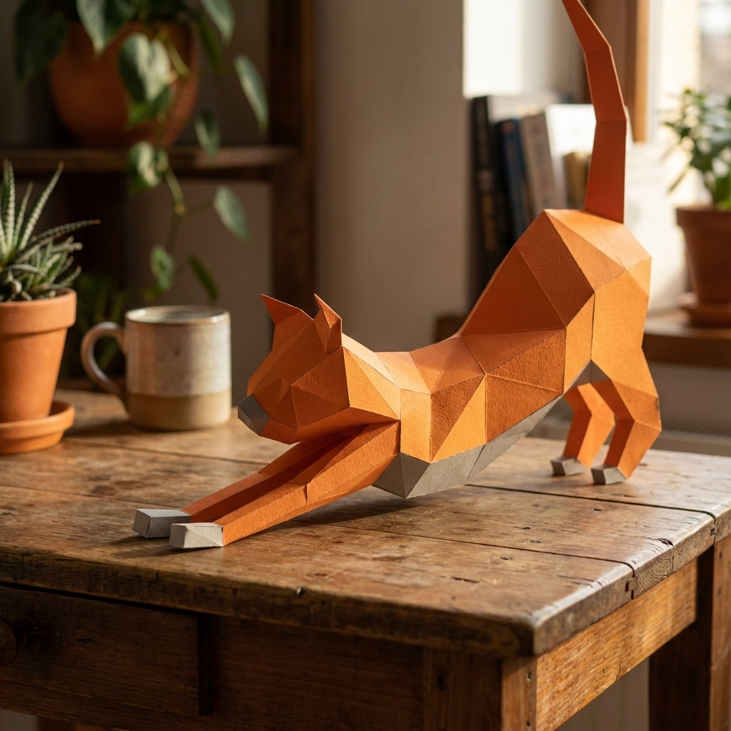 Discover our stretching cat 3D papercraft kit — a creative paper project for mindful breaks and modern home accents. This hand-assembled polygonal feline adds a quirky touch to your office - Mi tienda