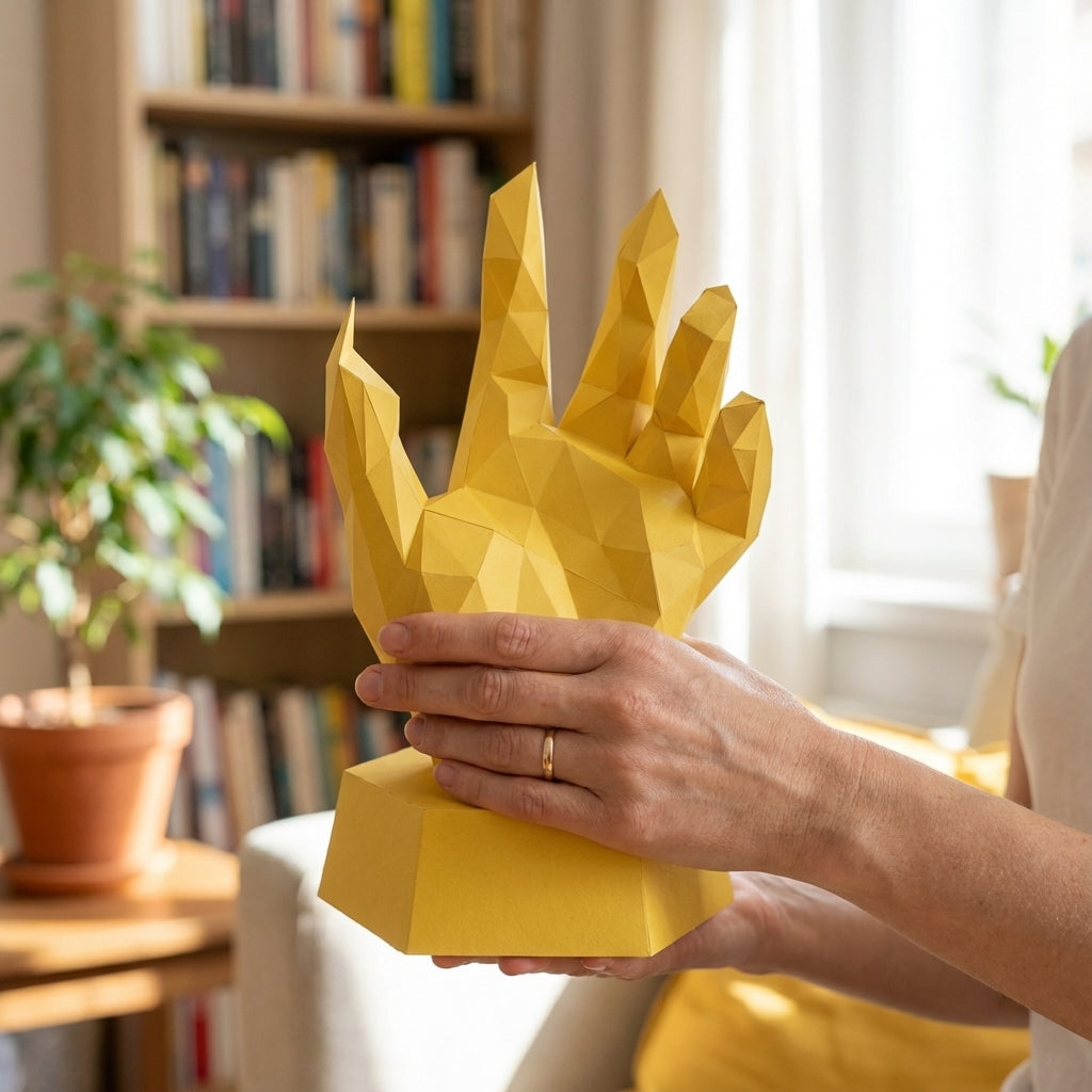 Papercraft hand on stand 3D polygonal paper figure for assembly 40x26x20, 59 parts – DIY craft jewelry holder, sculptural cardboard hand for modern decor - Mi tienda