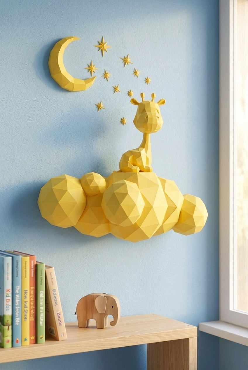 Cute wall giraffe 3D papercraft polygonal paper figure for assembly 50x45x16, 272 parts – DIY craft, sculptural cardboard giraffe for kids room wall decor