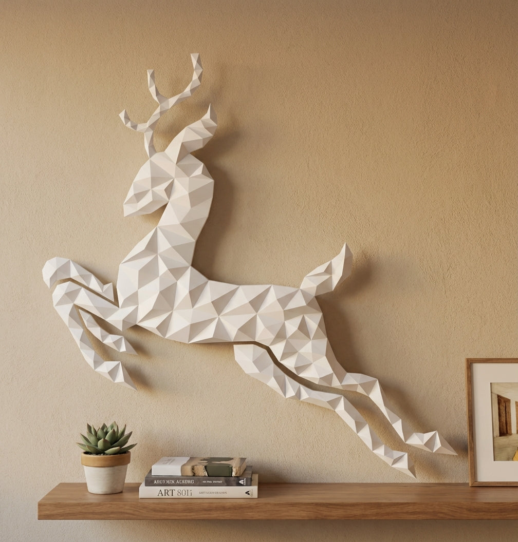 Modern flat deer wall papercraft, 56x57x2 cm geometric 3D polygonal silhouette, DIY creative kit for striking living room or hallway wall art, bold red home decor - Mi tienda