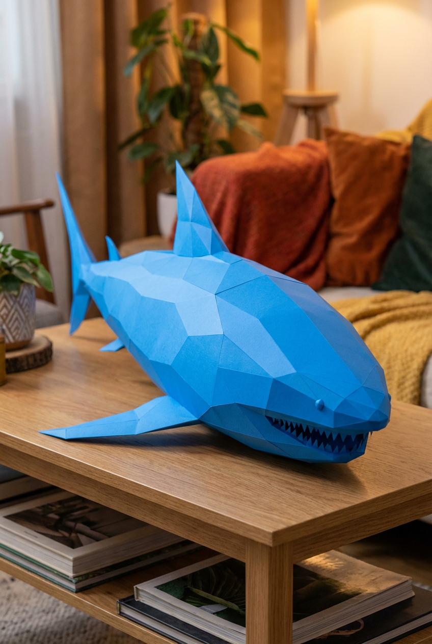Figura de tiburón de papel poligonal 3D para ensamblar 30 x 27 x 93 – kit de manualidades de papercraft decorativo, escultura geométrica moderna para mesa o estantería