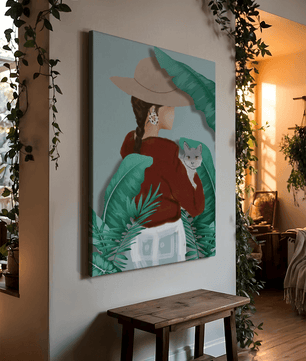 Modern botanical woman portrait – minimalistic female wall art with nature and cat - Mi tienda
