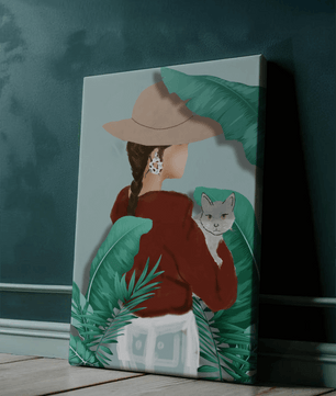 Modern botanical woman portrait – minimalistic female wall art with nature and cat - Mi tienda